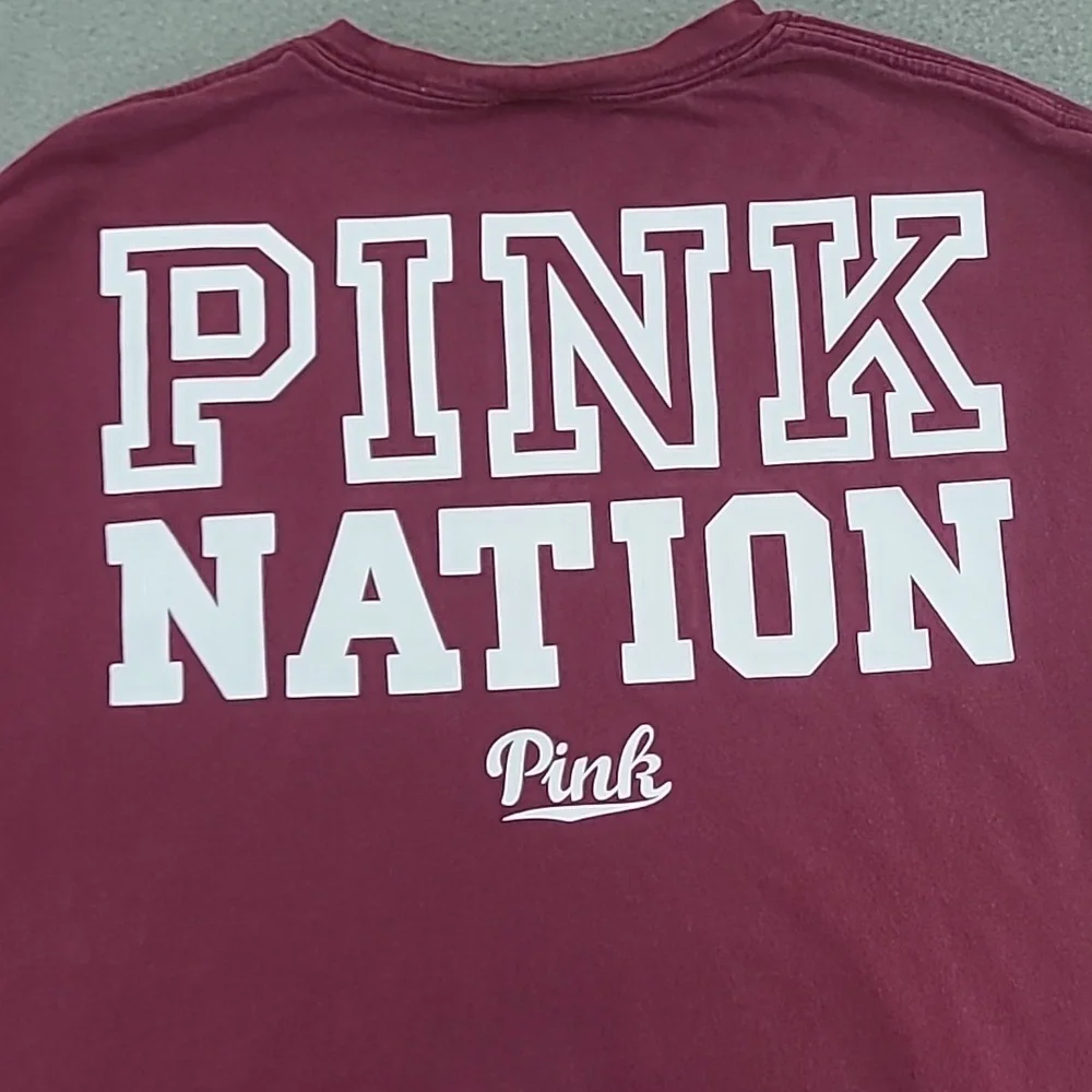 PINK Victoria's Secret Long Sleeve Pink Nation Maroon Tee Shirt - Size Small - Picture 4 of 11